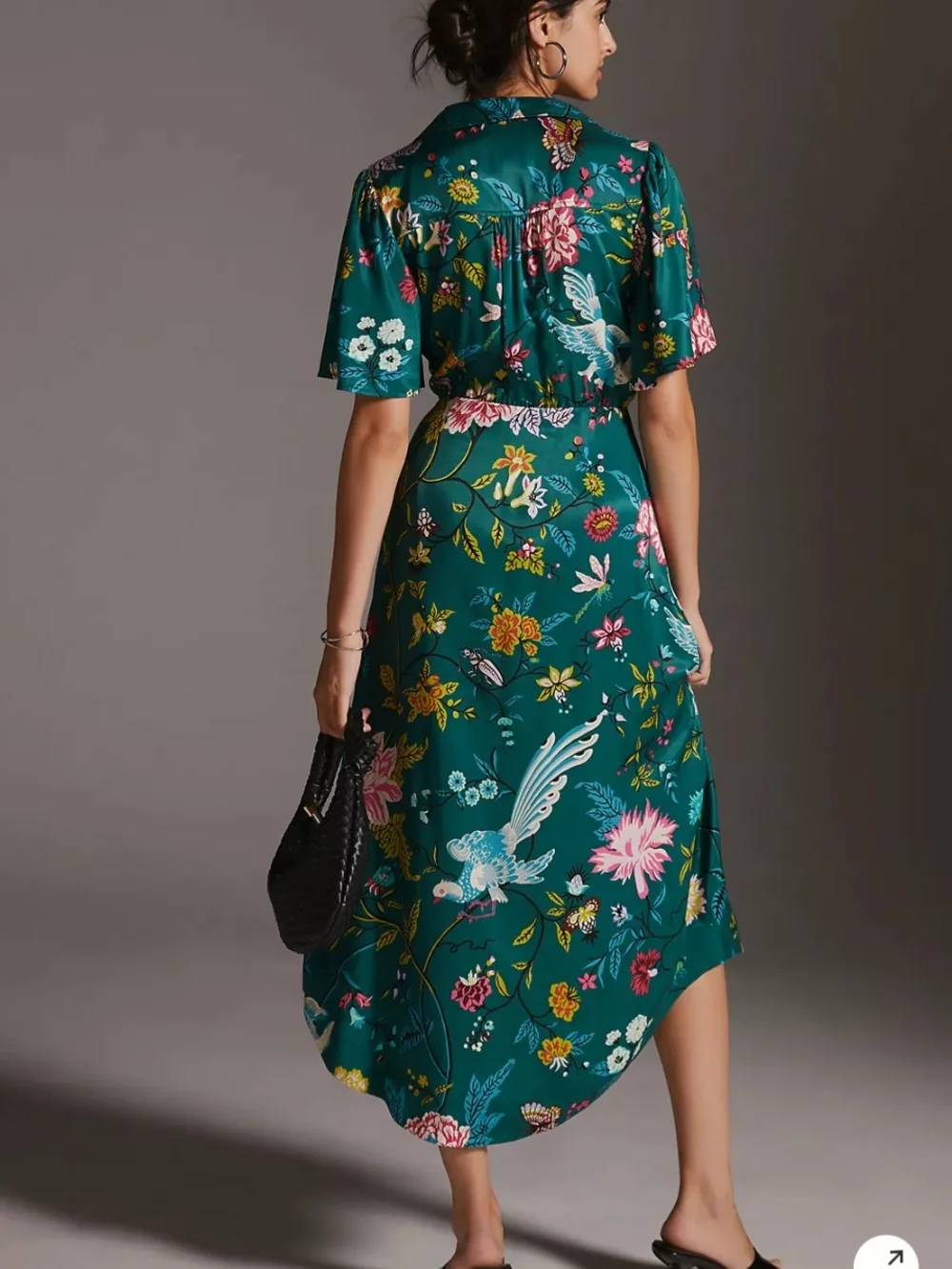 Maeve Anthropologie Button Front Shirt Dress 14 Green Floral Bird V-neck Slit - Picture 2 of 15
